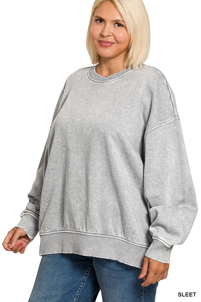 Plus Acid Wash Oversized Fleece Pullover
