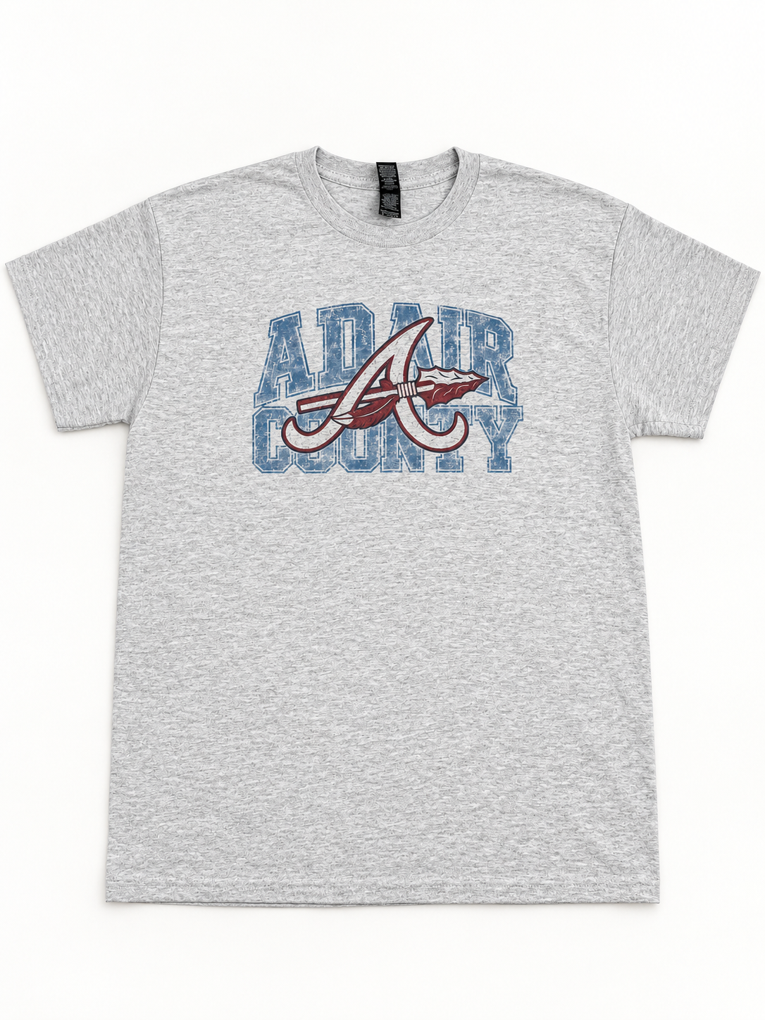 Adair County school spirit sublimation tee on ash gray Gildan blank