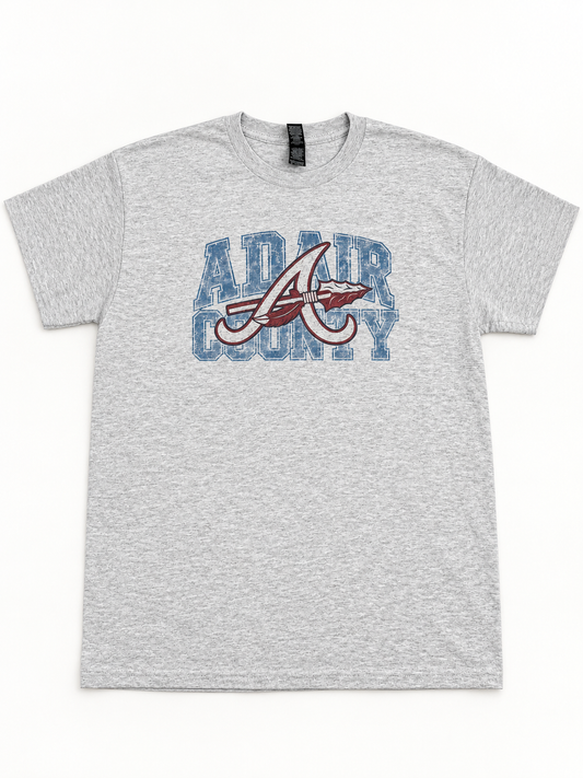 Adair County school spirit sublimation tee on ash gray Gildan blank
