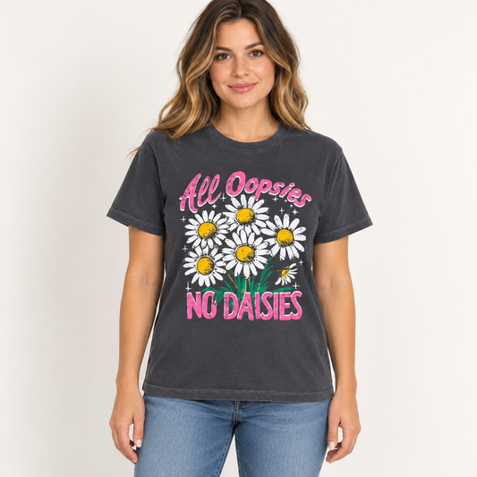 Model mockup wearing All Oopsies No Daisies charcoal tee