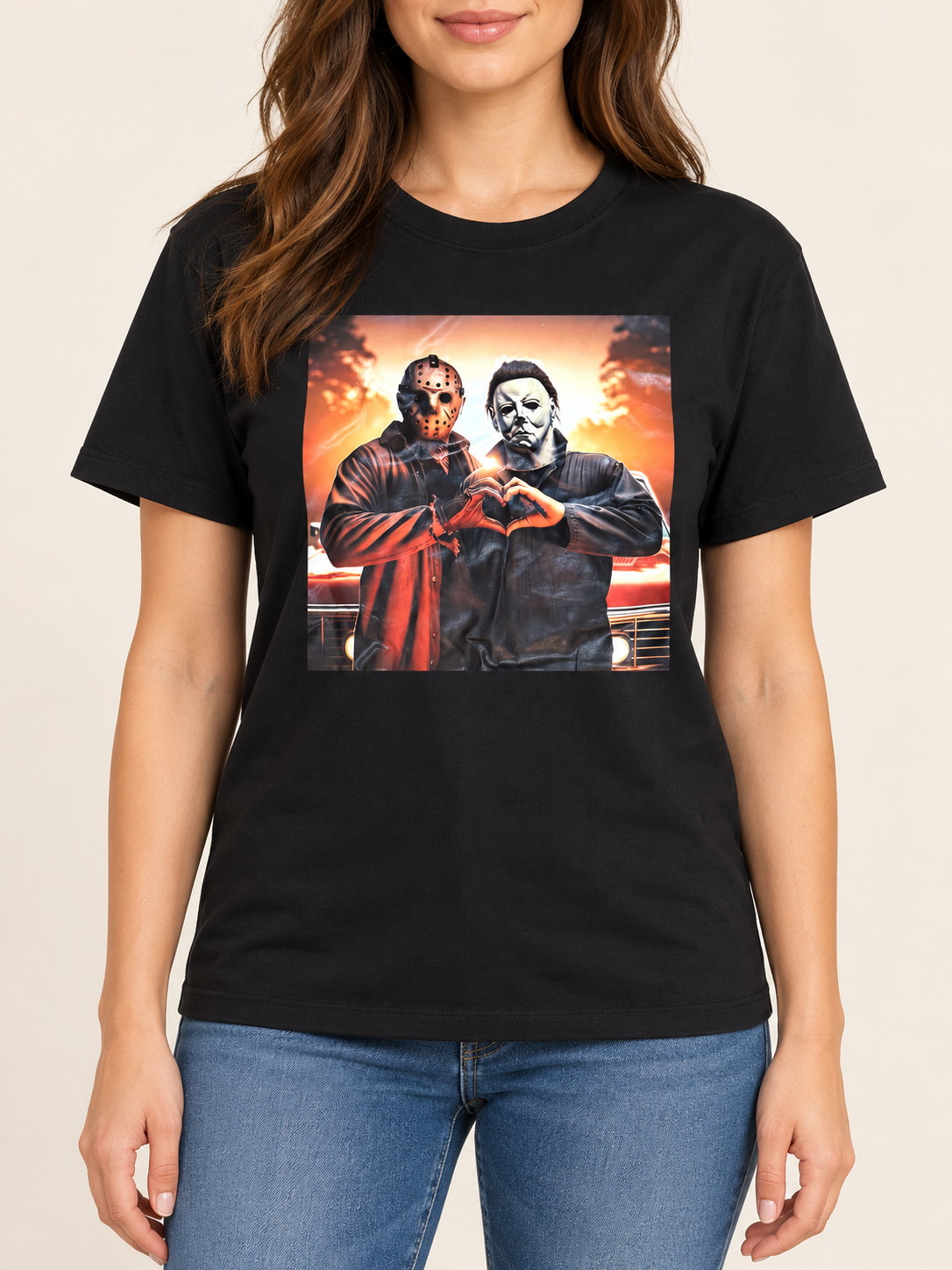 Model mockup of the black Jason and Michael Halloween tee
