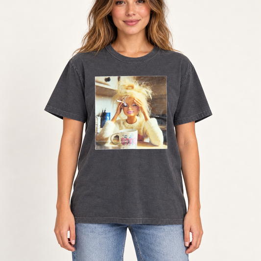 Tired Mom Doll charcoal graphic tee shown on a model