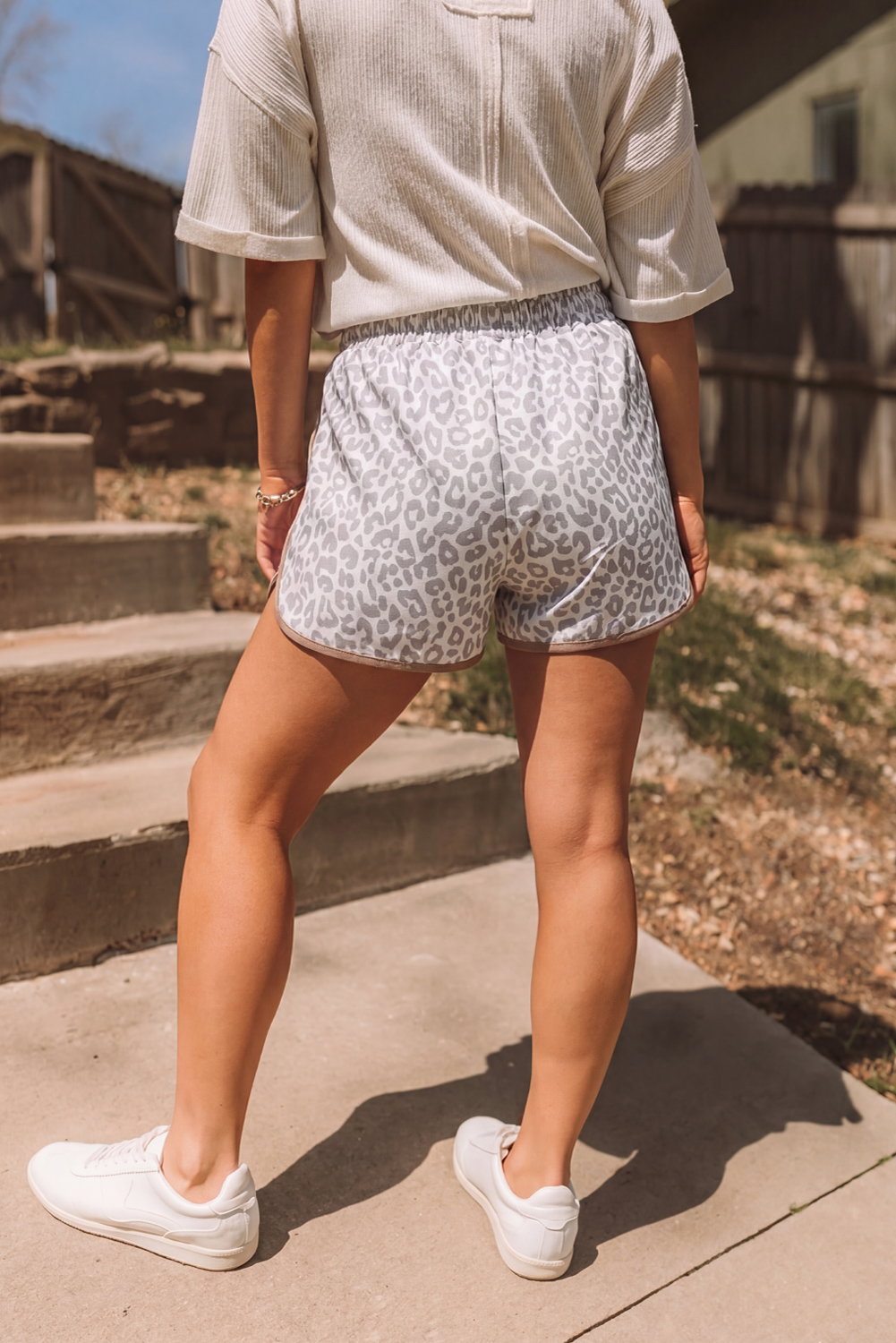 Leopard Elastic Waist Lace up Contrast Trim Casual Shorts