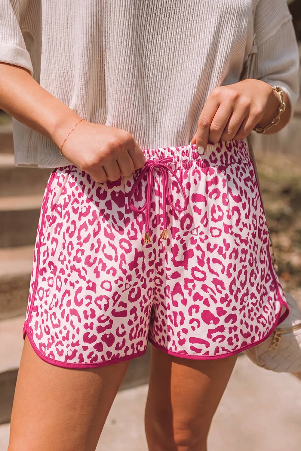 Leopard Elastic Waist Lace up Contrast Trim Casual Shorts