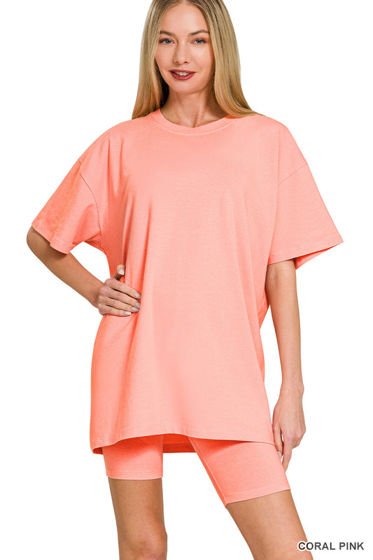 COTTON ROUND NECK TOP & BIKER SHORTS SET