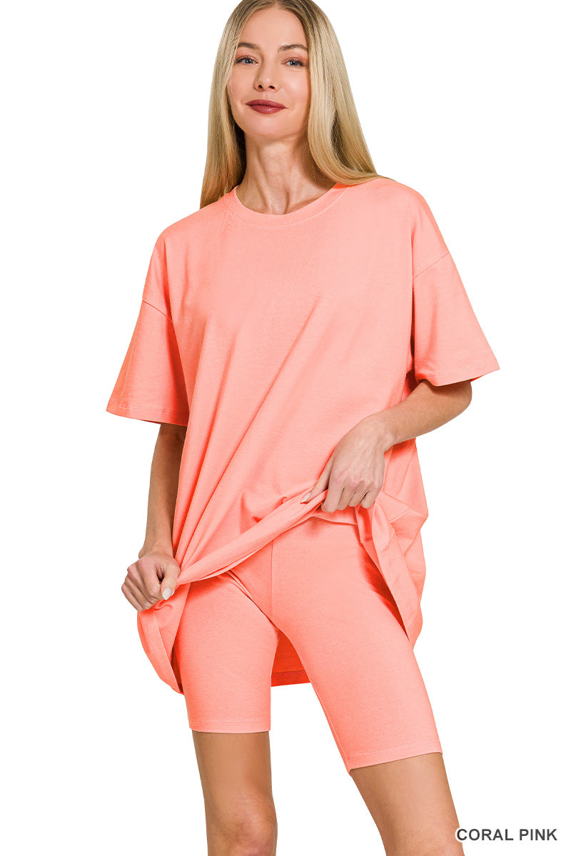 COTTON ROUND NECK TOP & BIKER SHORTS SET