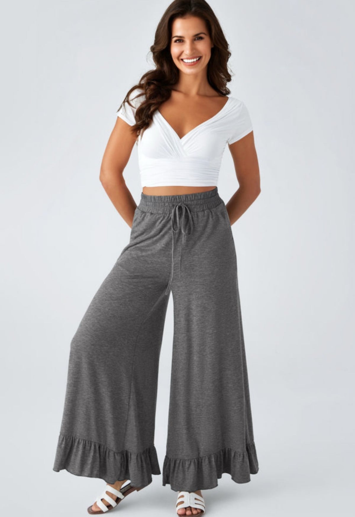 Charcoal wide leg ruffle bottom pants