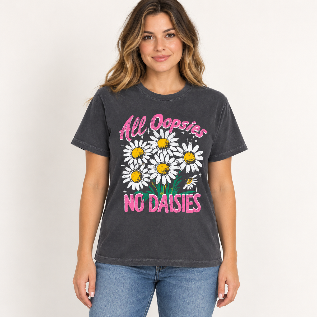 Model mockup wearing All Oopsies No Daisies charcoal tee
