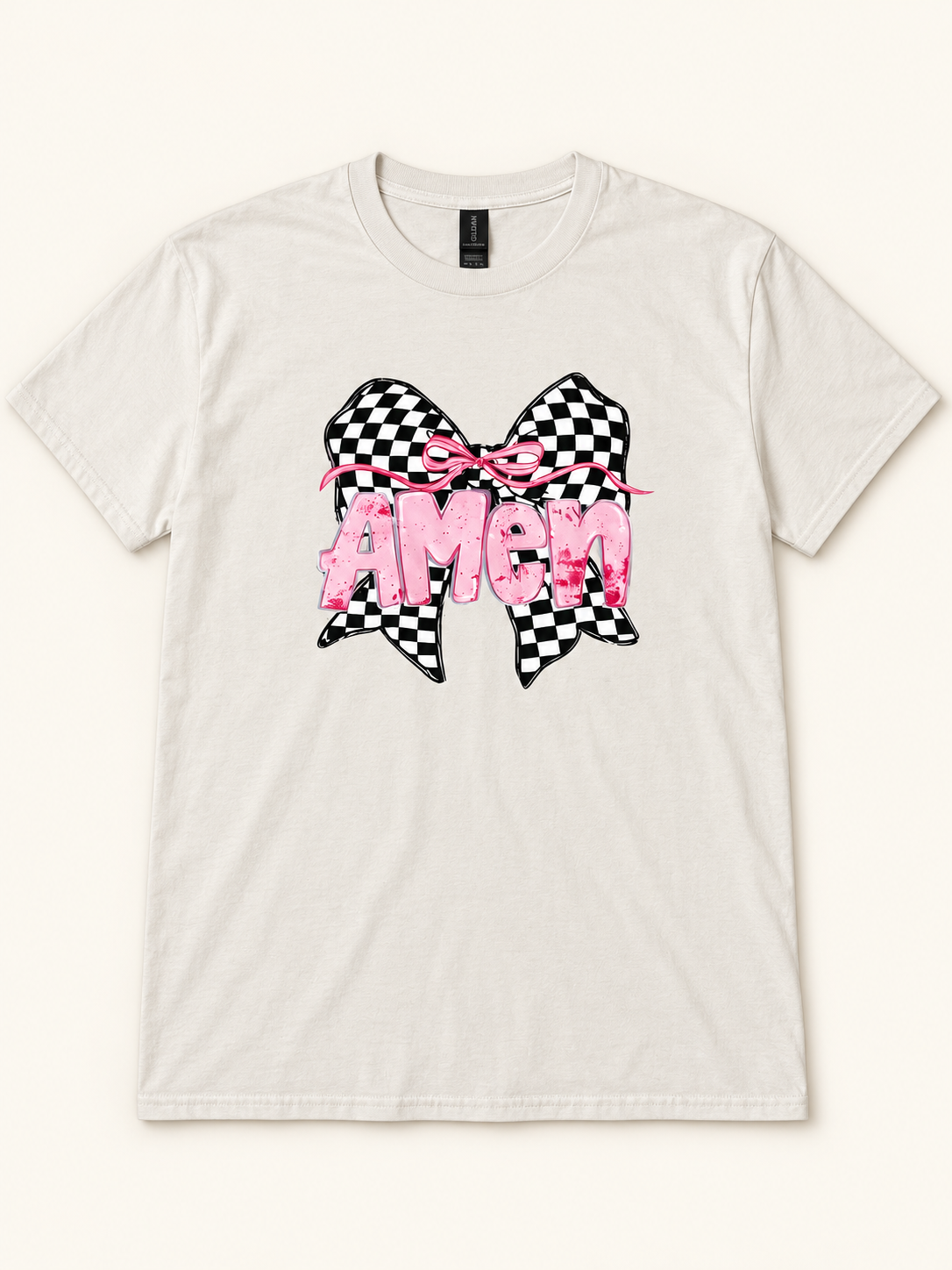 Amen Checkerboard Bow Tee in ivory