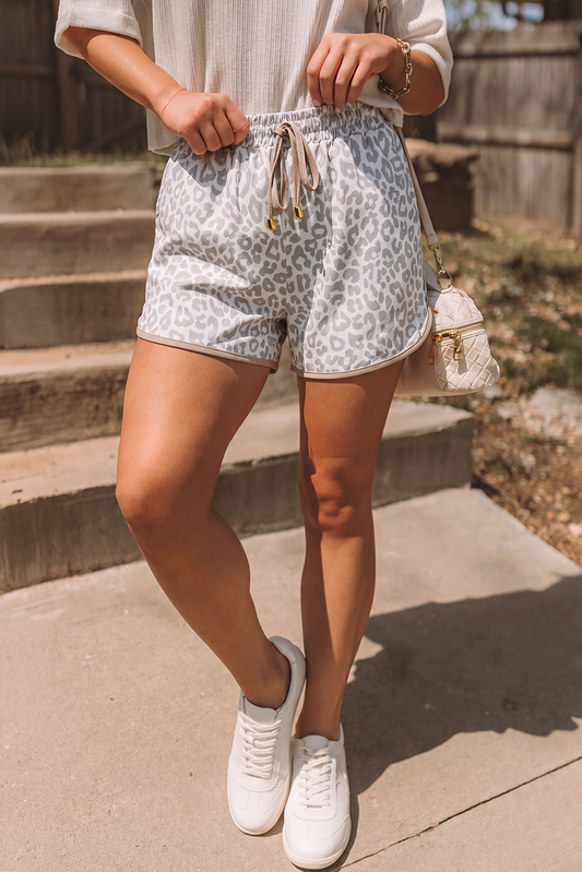 Leopard Elastic Waist Lace up Contrast Trim Casual Shorts