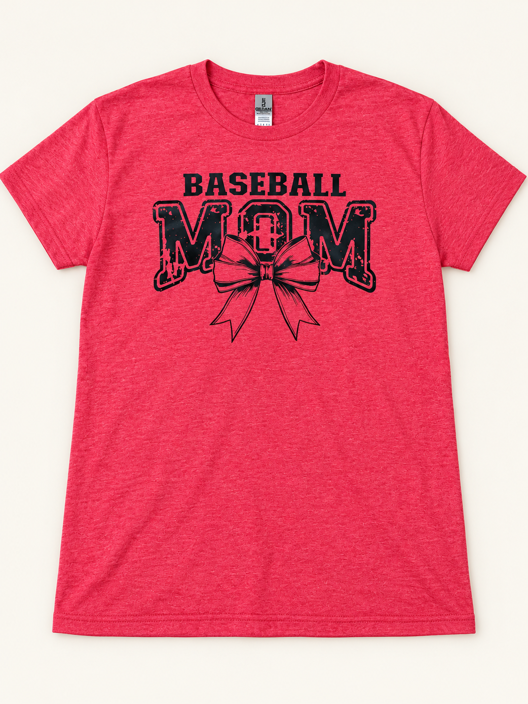 Baseball Mom bow tee in heather red, size Large
