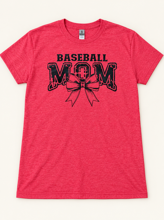 Baseball Mom bow tee in heather red, size Large