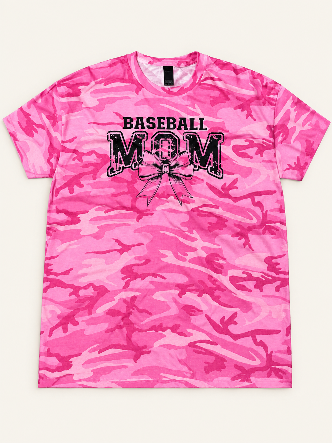 Baseball Mom Bow Pink Camo Tee in pink camouflage