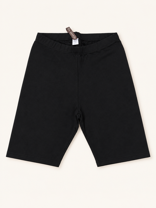 Black biker shorts with narrow elastic waistband