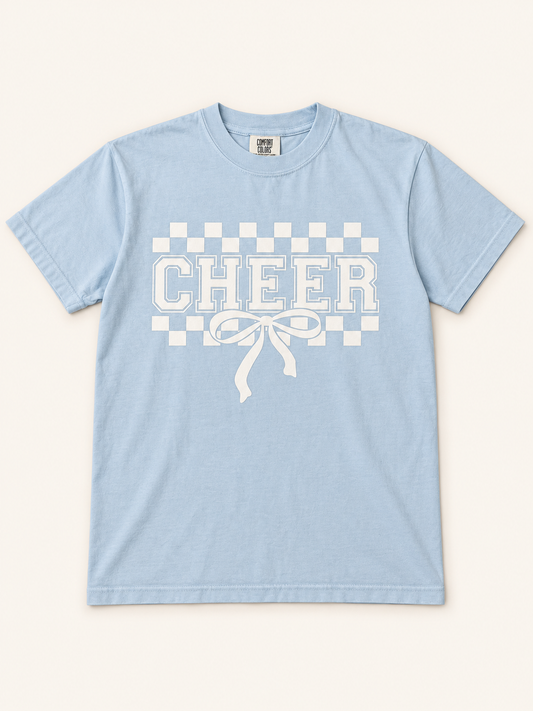 Cheer Checkerboard Bow Tee on a light blue Comfort Colors shirt