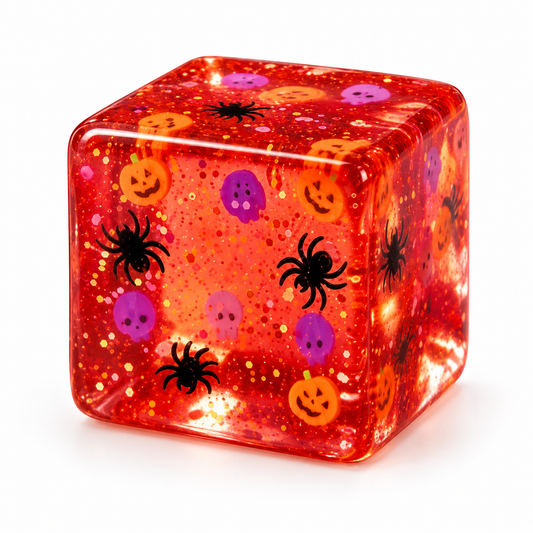 translucent orange Halloween cube with little spiders, pumpkins and ghost decorations embedded on white background