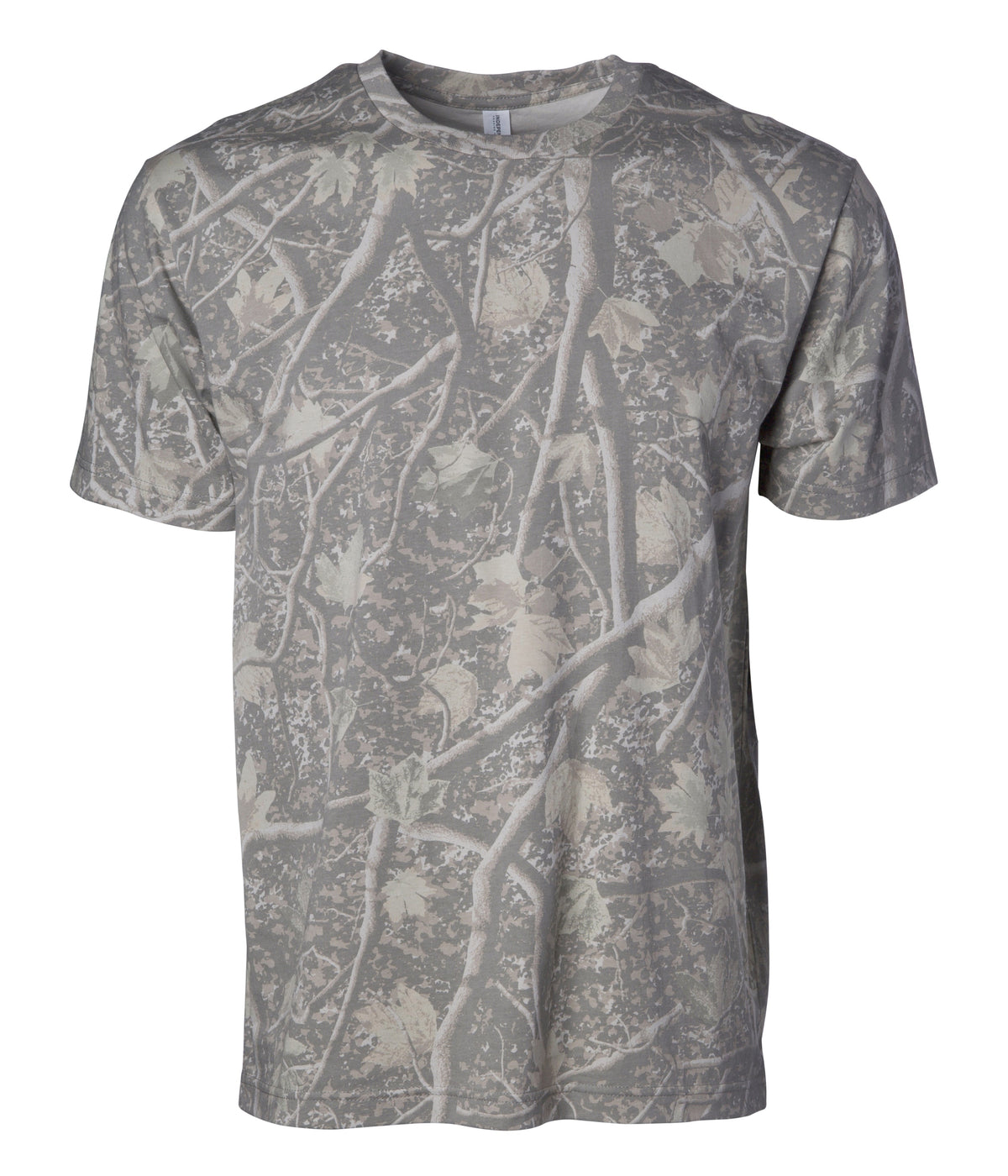 Independent Trading Co. Deadwood Tree Camo tee shown blank; one custom DTF design included.