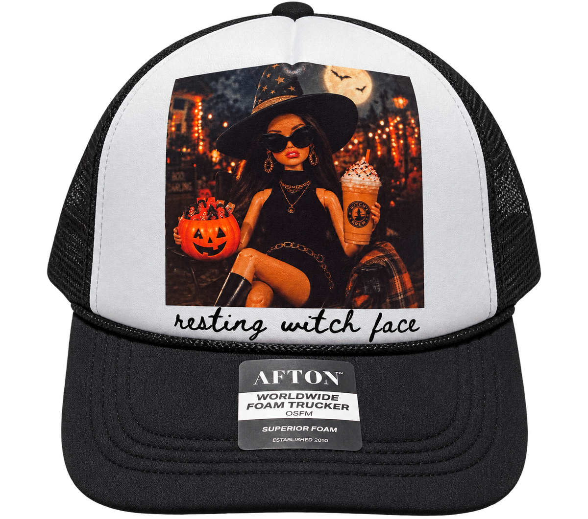Resting Witch Face Foam Trucker Hat — Black