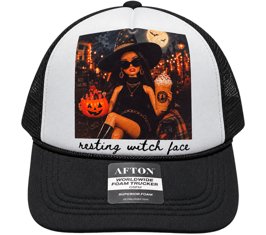 Resting Witch Face Foam Trucker Hat — Black