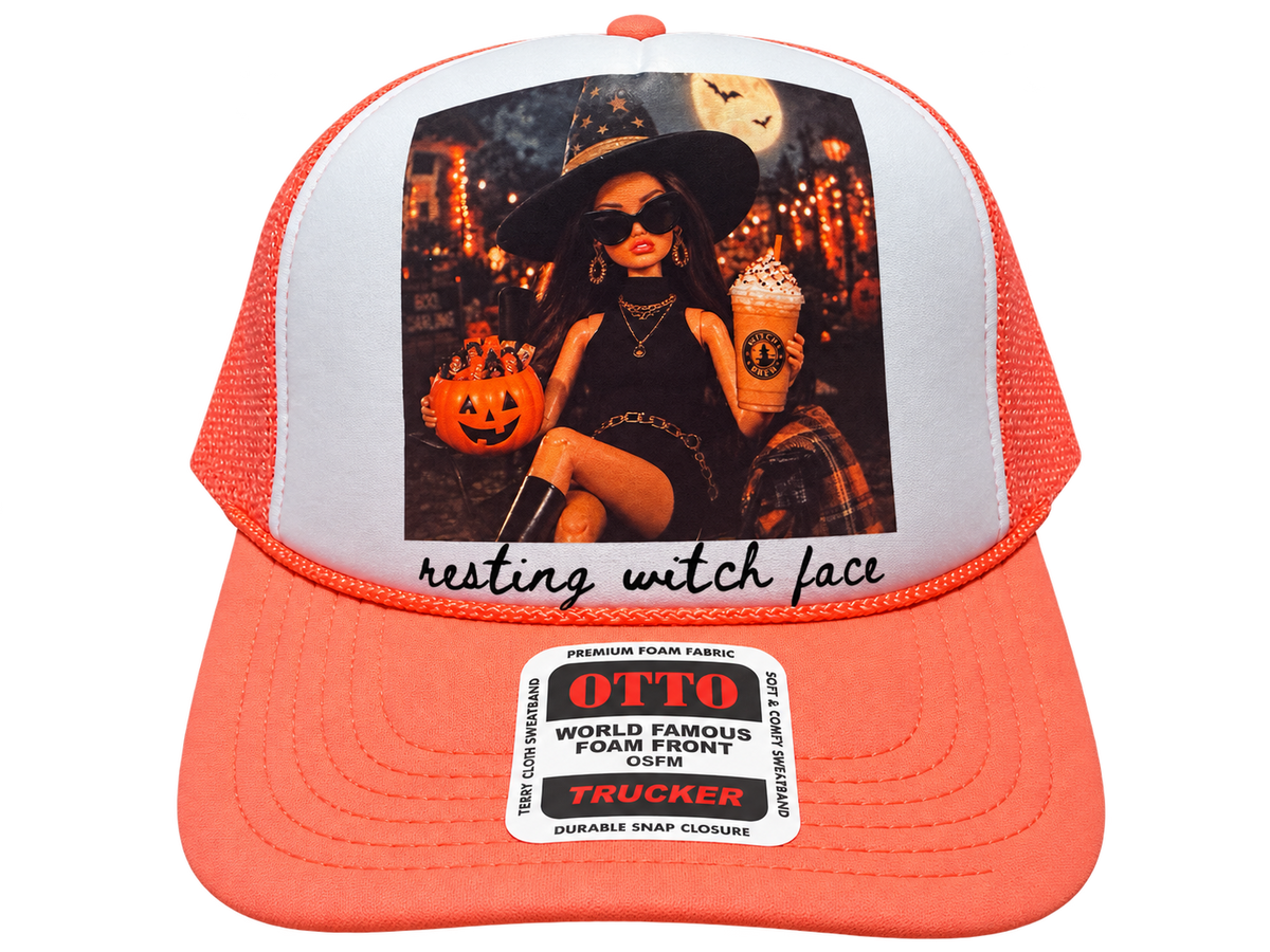 Resting Witch Face Foam Trucker Hat — Coral
