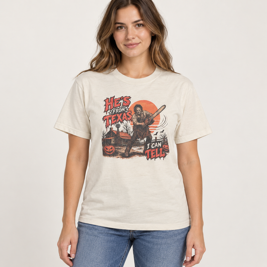 Model mockup wearing the He’s From Texas Halloween Tee