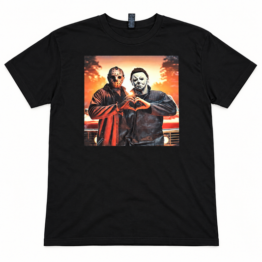 Black Jason and Michael heart-hands Halloween tee, full front product view