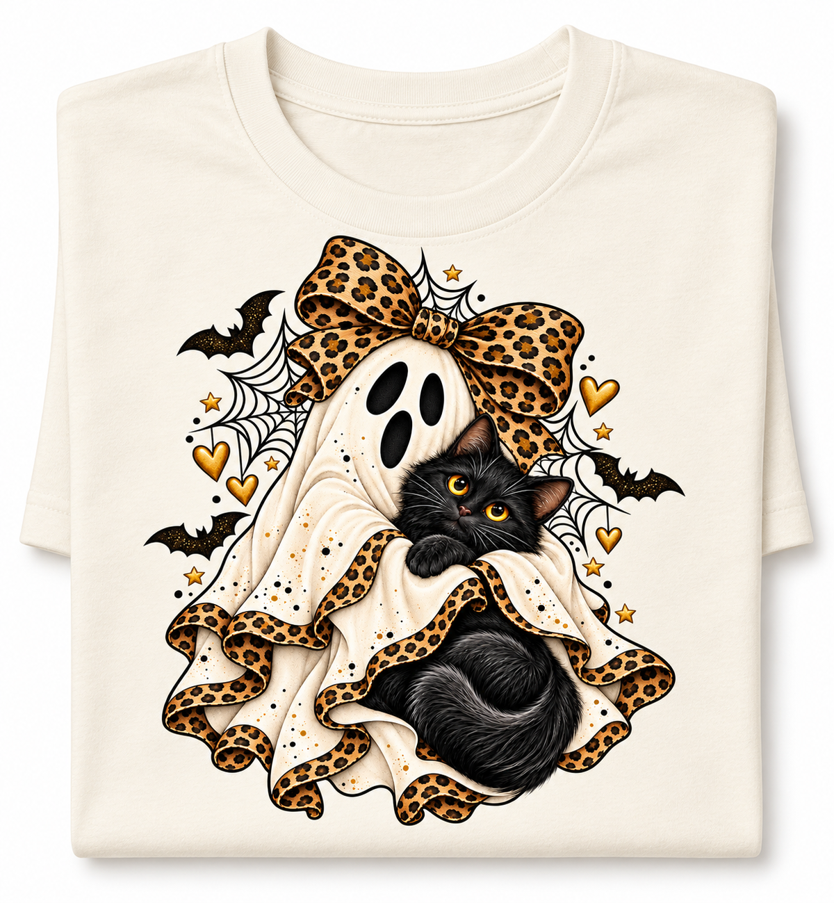 Leopard Bow Ghost and Black Cat Custom Tee mockup