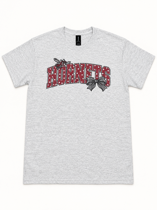 Hornets polka-dot mascot and bow sublimation tee on ash gray Gildan blank