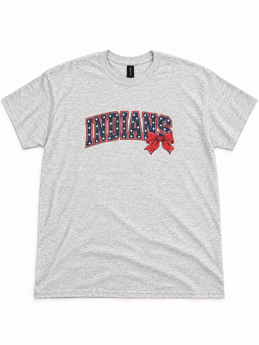 Indians polka-dot mascot and bow sublimation tee on ash gray Gildan blank