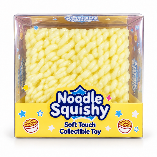 yellow noodle squishy in its original clear retail box on white background