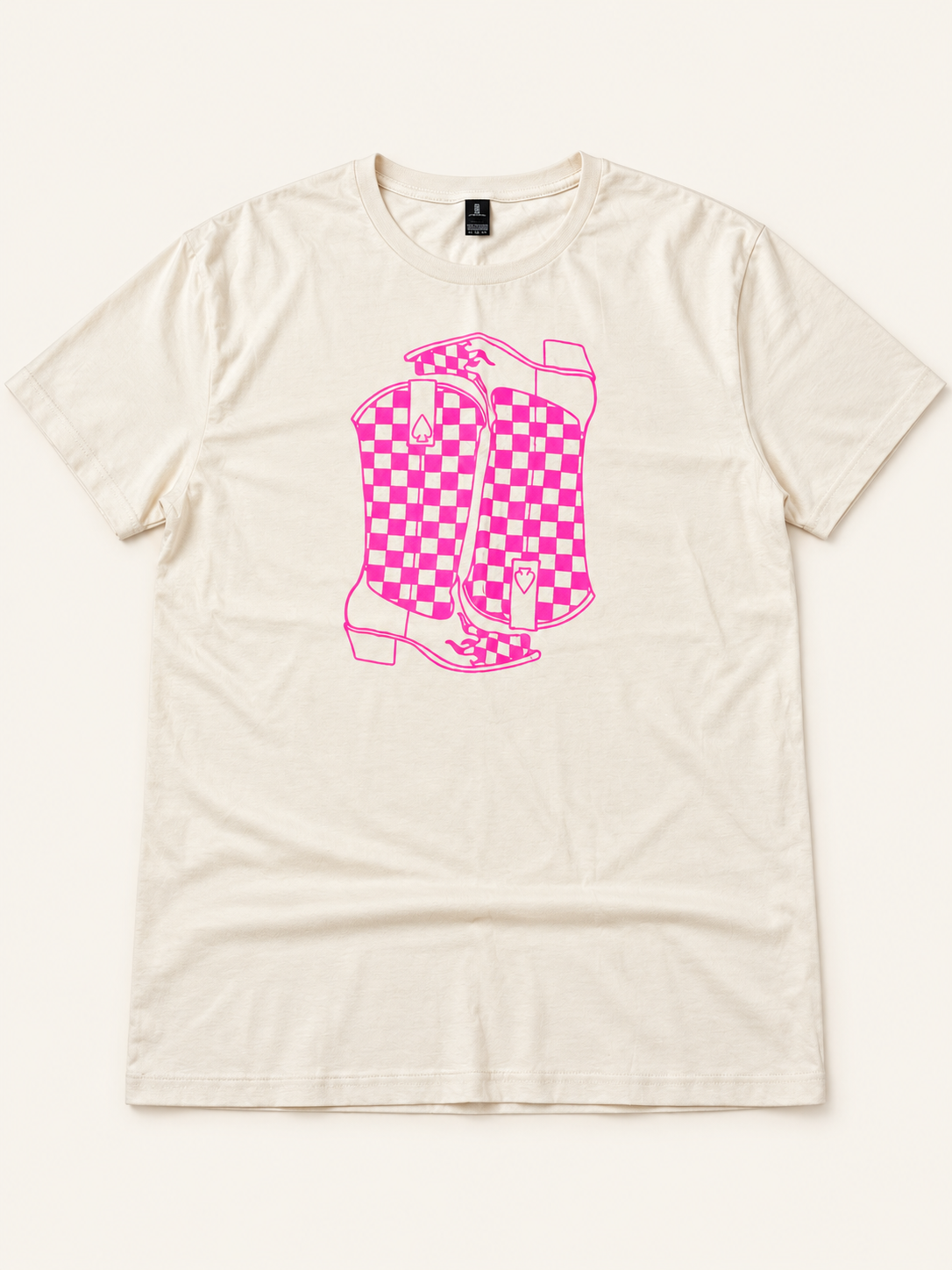 Pink Checkerboard Cowboy Boots Tee in ivory