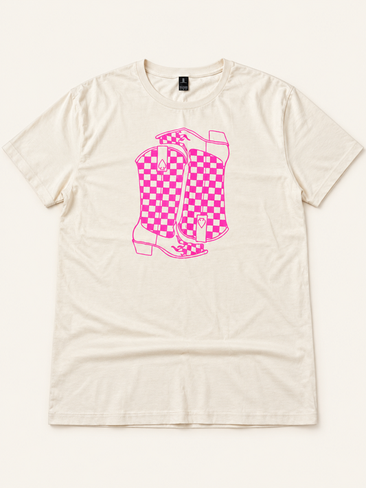 Pink Checkerboard Cowboy Boots Tee in ivory