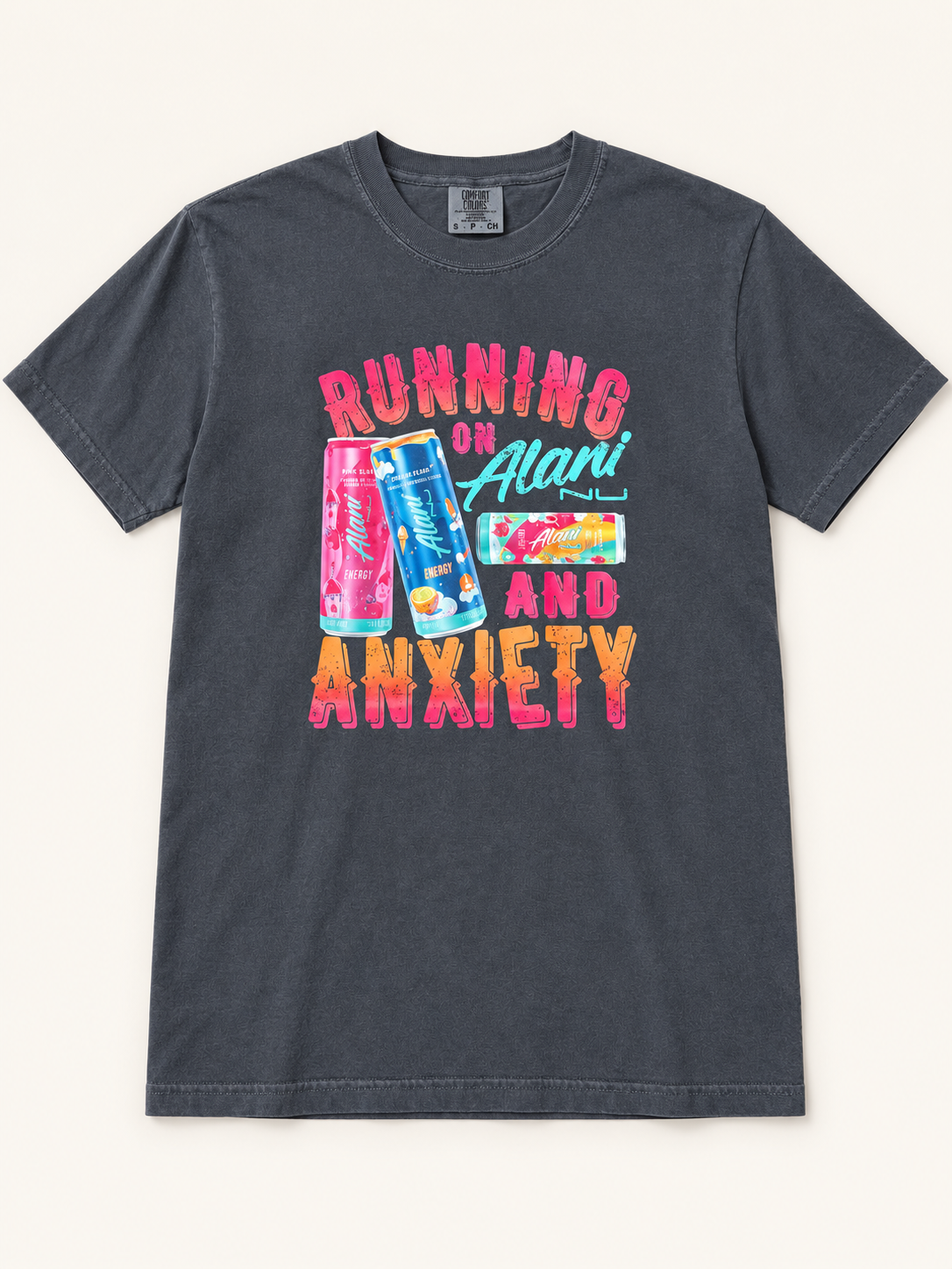 Running on Alani and Anxiety Tee on a charcoal Comfort Colors shirt