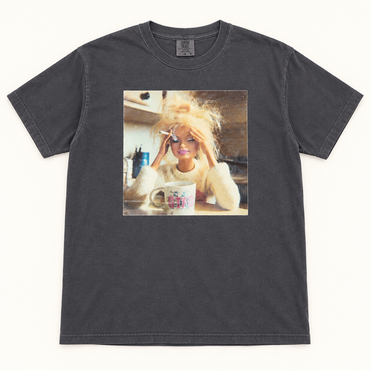Tired Mom Doll charcoal Comfort Colors tee, full front view