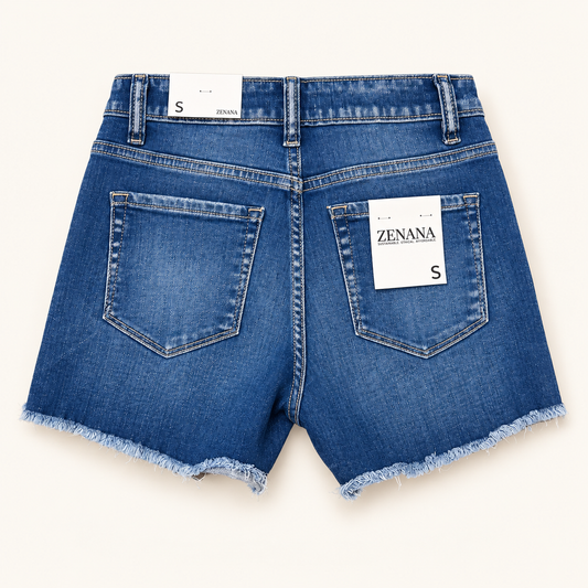 Zenana blue distressed denim shorts, back view with frayed hem