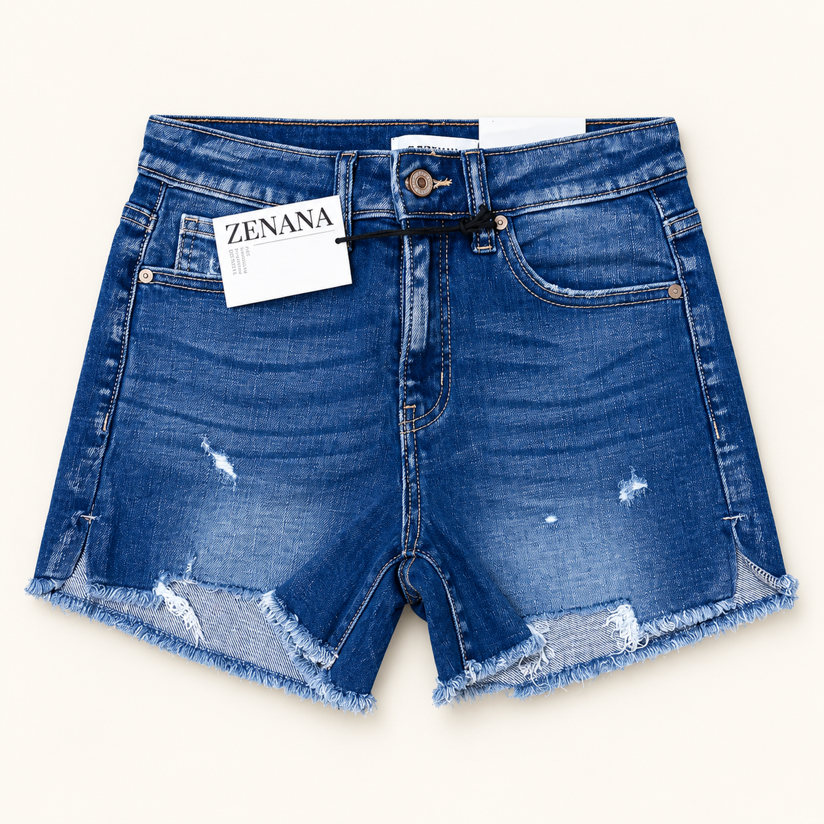 Zenana blue distressed denim shorts, front view with frayed hem