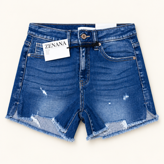Zenana blue distressed denim shorts, front view with frayed hem