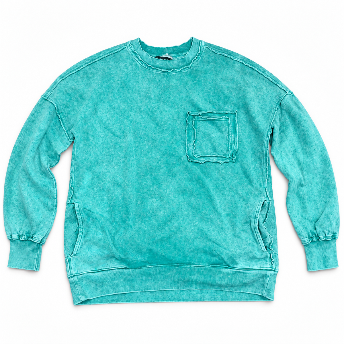 Green Zenana long sleeve pocket shirt — full front view