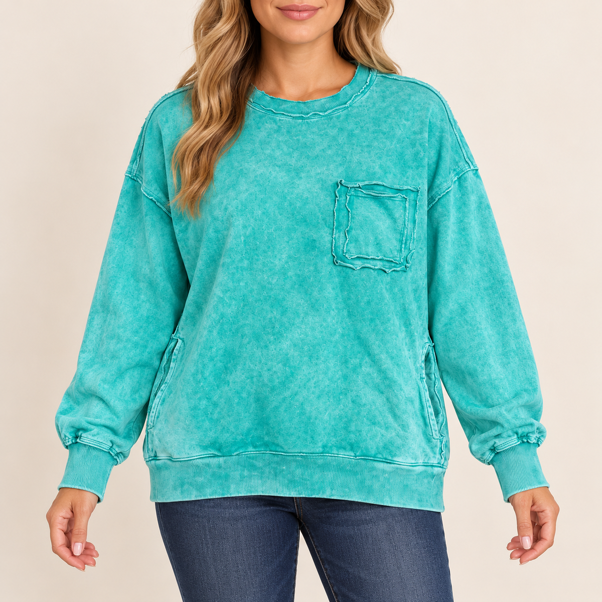 Model mockup wearing the green Zenana long sleeve pocket shirt
